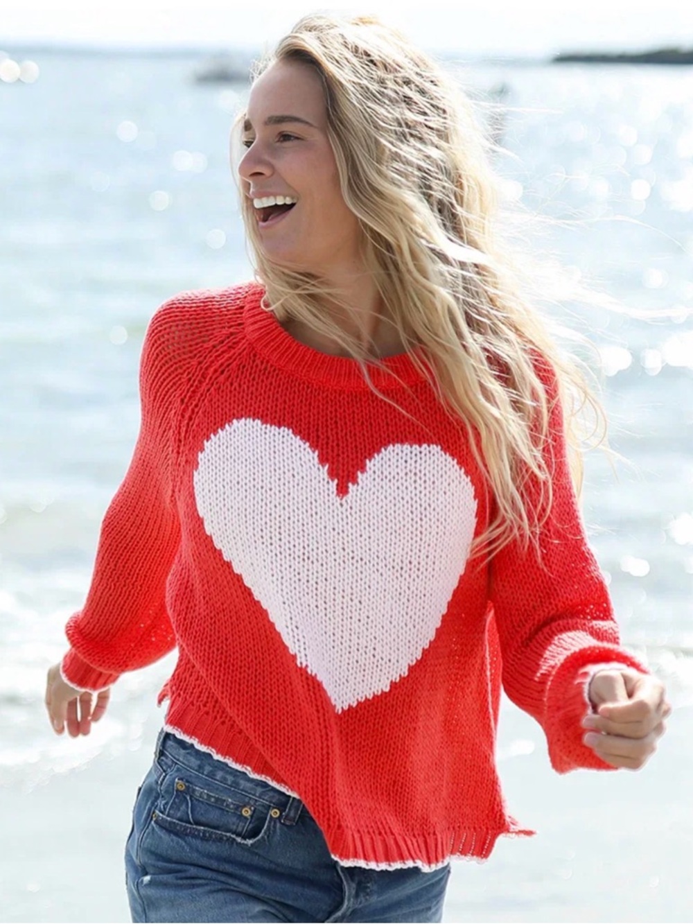 Wooden Ships XS 2-4 Cozy Red Heart Knit Sweater - White Heart Detail